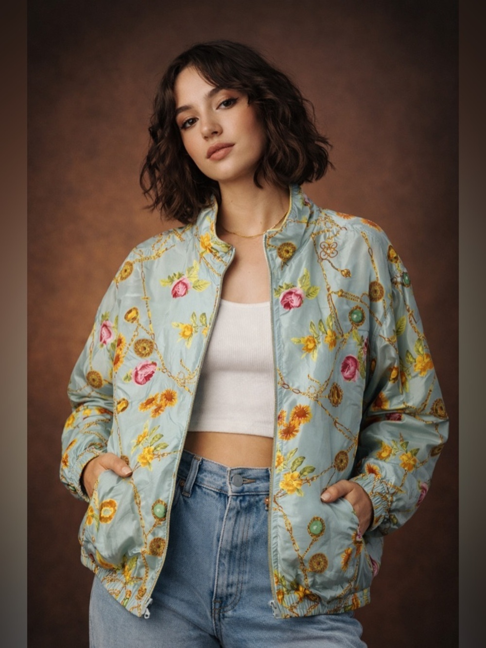 Vintage Avon Style Silk Bomber Jacket Floral Chain Print Blue Medium